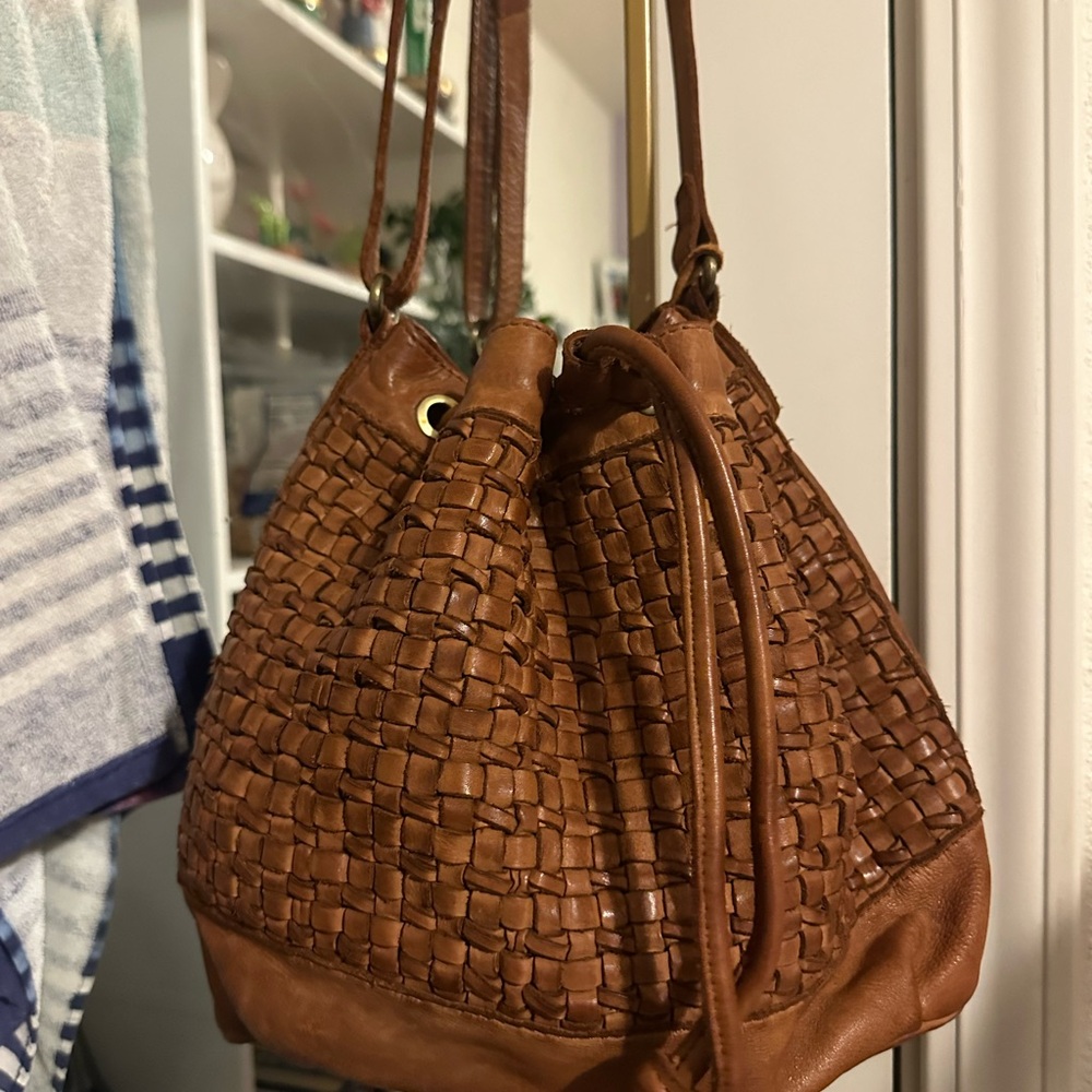 Brown Woven Leather Bucket Bag